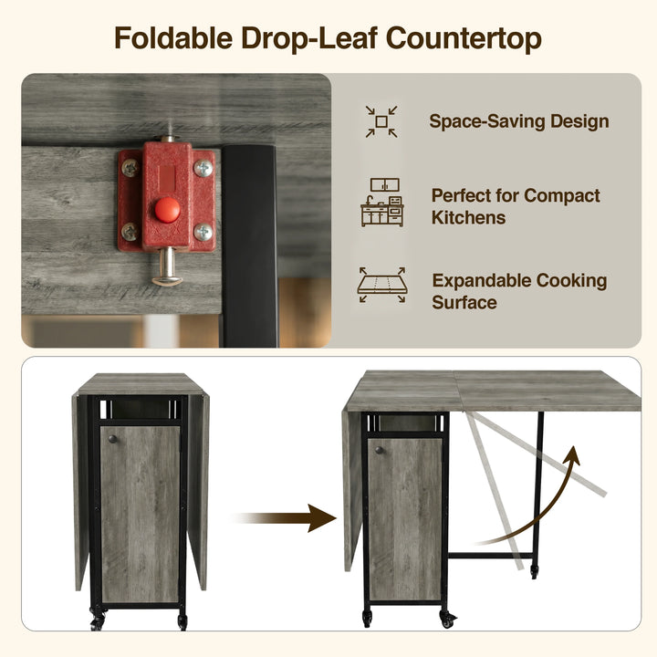[Wooden Grey] Kitchen & Dining Furniture Sets drop-leaf countertop lock switch, folding panels, and compact setup graphic.