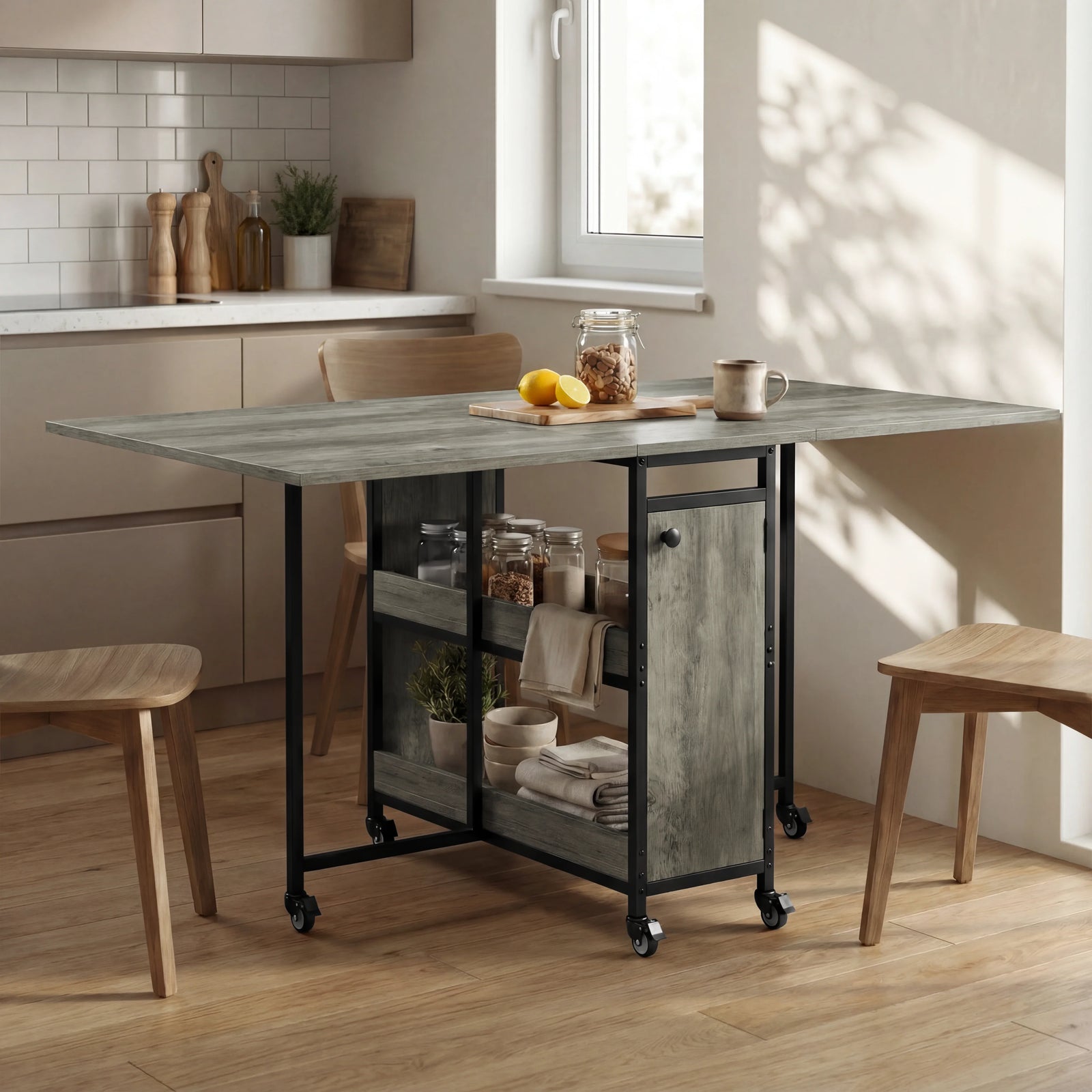 [Wooden Grey] Kitchen & Dining Furniture Sets open dining table in a compact kitchen corner with stools and tableware.