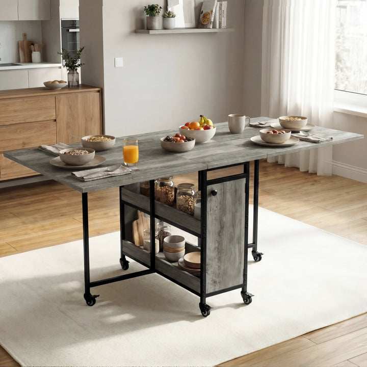 [Wooden Grey] Kitchen & Dining Furniture Sets six-seat dining setup with bowls, plates, fruit, and centre storage.