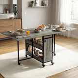 [Wooden Grey] Kitchen & Dining Furniture Sets six-seat dining setup with bowls, plates, fruit, and centre storage.