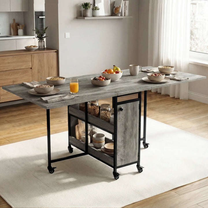 [Wooden Grey] Kitchen & Dining Furniture Sets six-seat dining setup with bowls, plates, fruit, and centre storage.