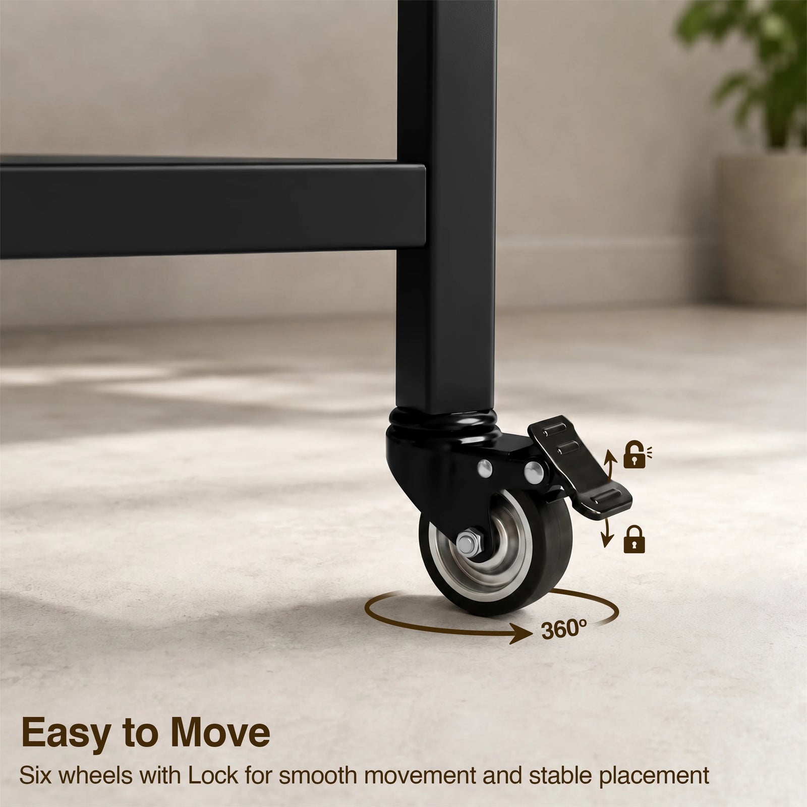 [Wooden Grey] Kitchen & Dining Furniture Sets caster wheel close-up with brake lever, lock icons, and 360 degree arrow.