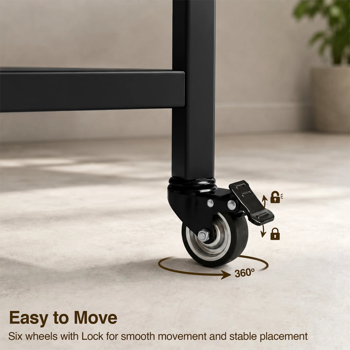 [Wooden Grey] Kitchen & Dining Furniture Sets caster wheel close-up with brake lever, lock icons, and 360 degree arrow.