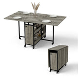 [Wooden Grey] Kitchen & Dining Furniture Sets open and closed table views with place settings, storage base, and wheels.