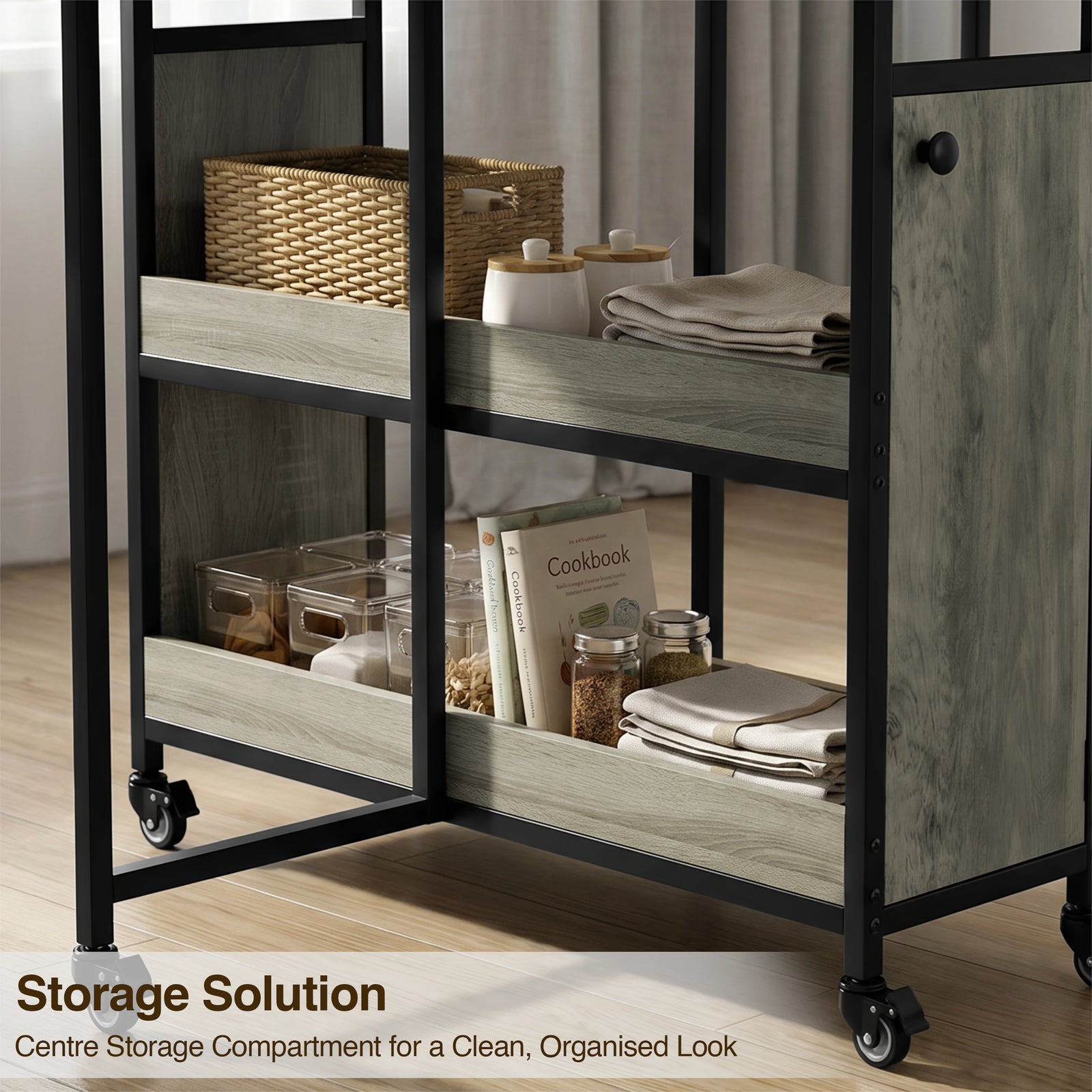 [Wooden Grey] Kitchen & Dining Furniture Sets centre storage shelves with baskets, books, plates, and folded linens.