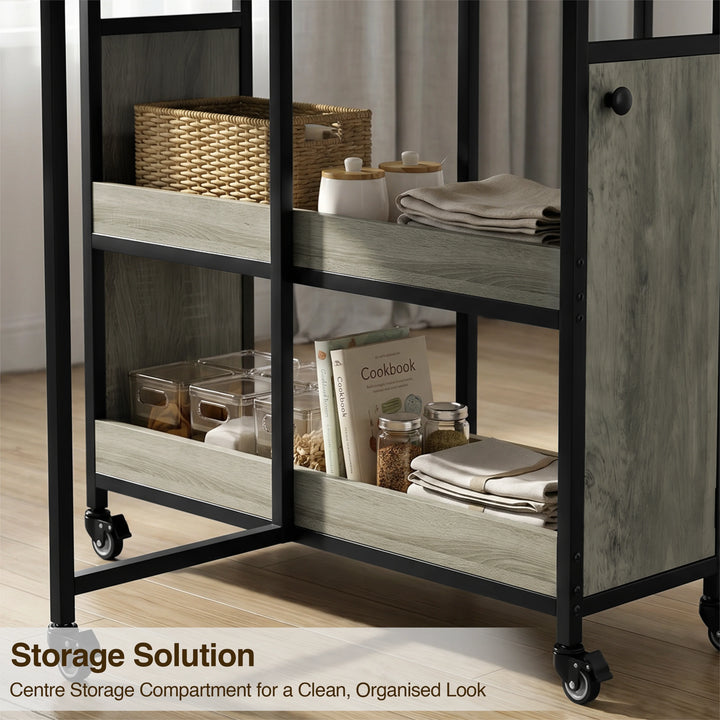 [Wooden Grey] Kitchen & Dining Furniture Sets centre storage shelves with baskets, books, plates, and folded linens.