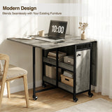 [Wooden Grey] Kitchen & Dining Furniture Sets folding table used as a laptop desk beside a chair, shelves, and storage door.