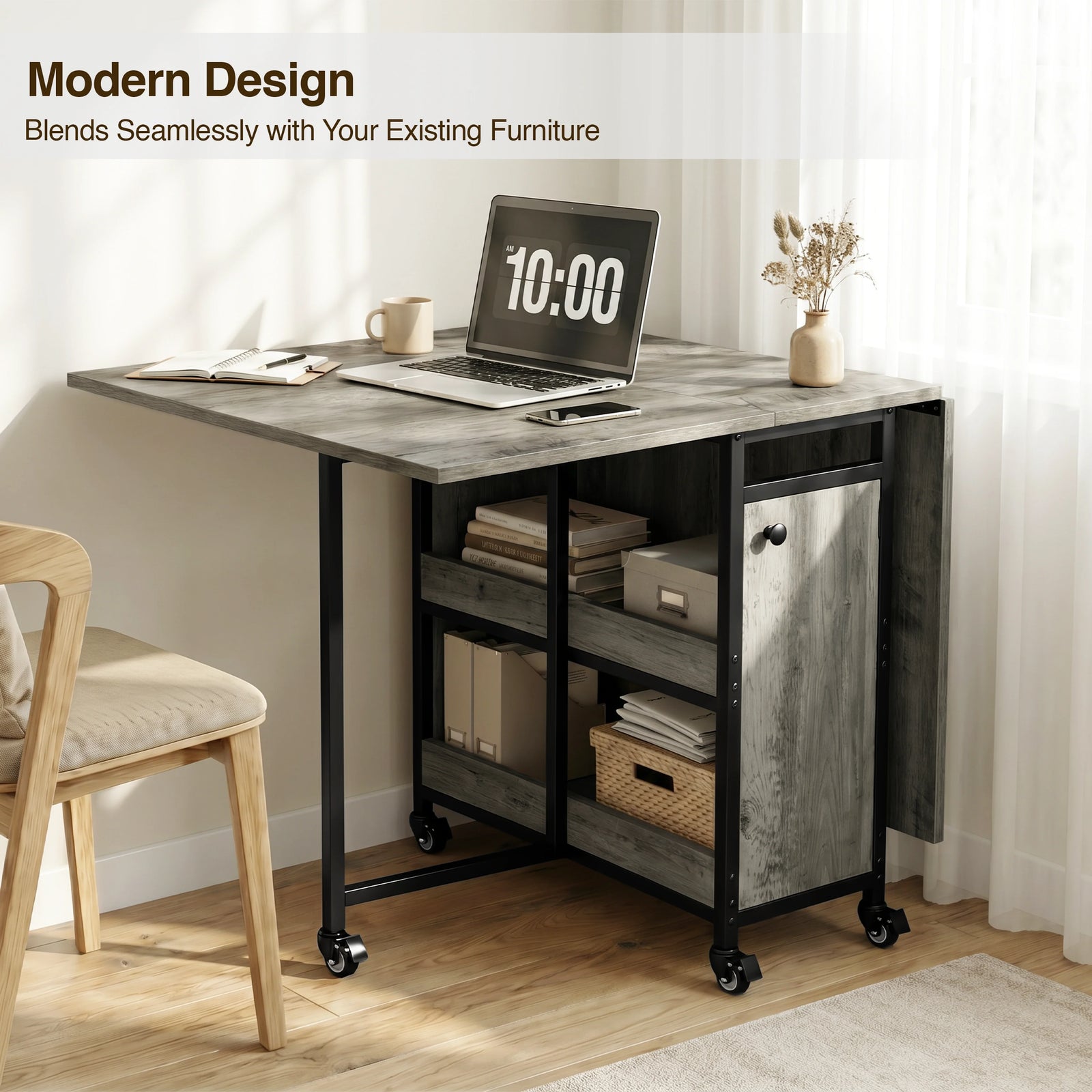 [Wooden Grey] Kitchen & Dining Furniture Sets folding table used as a laptop desk beside a chair, shelves, and storage door.