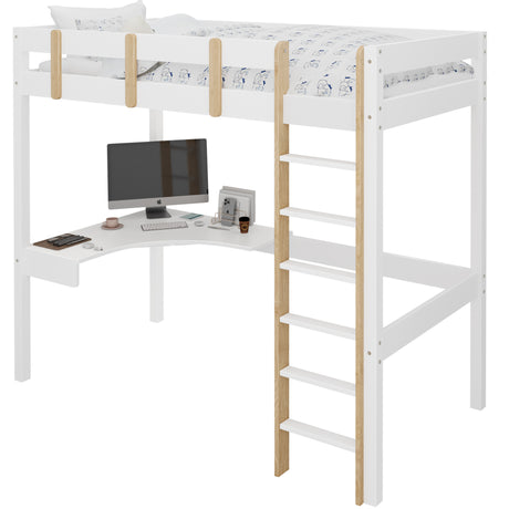 White study bunk bed with a desk and computer underneath, featuring a wooden ladder.