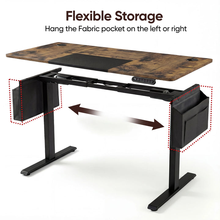 [120cm x 60cm] Fabric pocket swap diagram on 120cm rustic standing desk; pouch fits on either left or right end