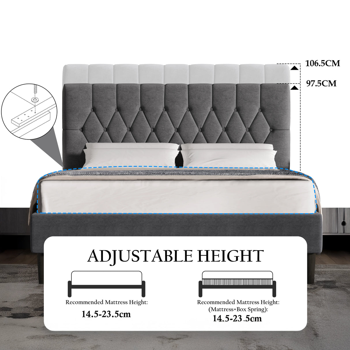 Velvet bed frame double & king size with adjustable headboard in grey, featuring tufted chesterfield design and height range of 97.5-106.5cm.