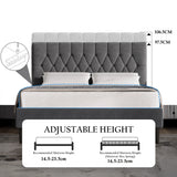 Velvet bed frame double & king size with adjustable headboard in grey, featuring tufted chesterfield design and height range of 97.5-106.5cm.