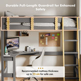 Sturdy bunk bed with desk under showing a computer setup beneath a loft frame with guardrail