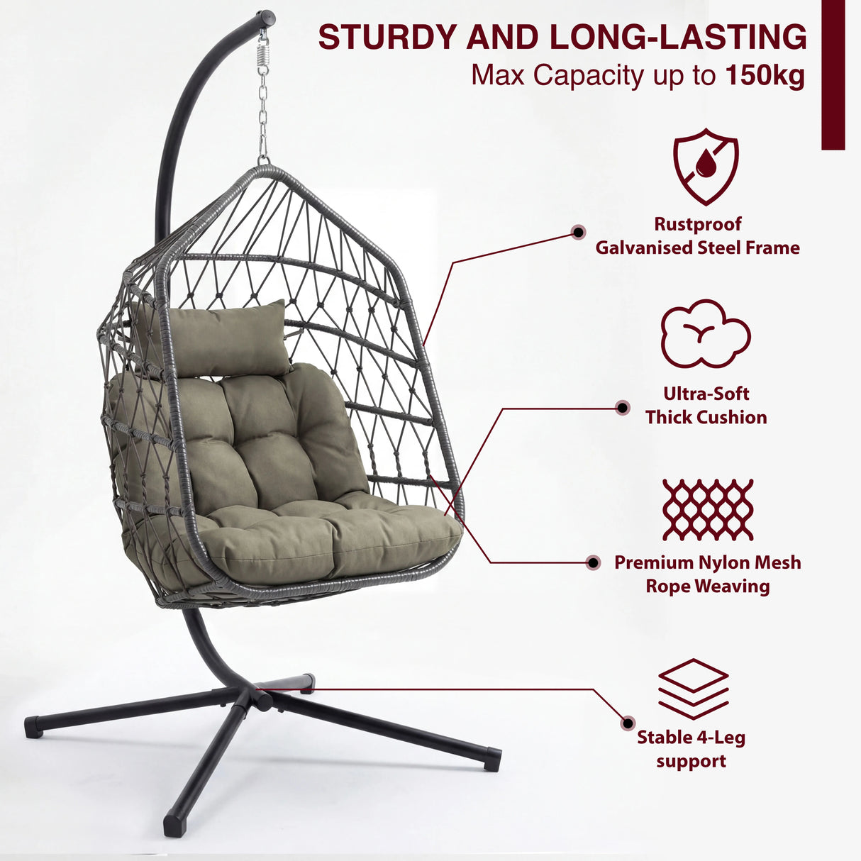 Foldable Hanging Egg Chair With Stand & Cushion featuring rustproof galvanised steel frame, soft thick cushion and stable 4-leg support with premium nylon mesh rope weaving and 150kg max capacity.