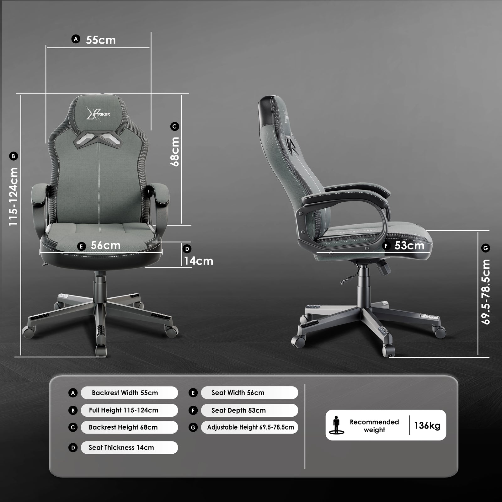 [Black + Grey] Xstriker Kids Gaming Chair in grey fabric with padded arms, adjustable height, and ergonomic backrest. Ideal small desk chair for home office or study.