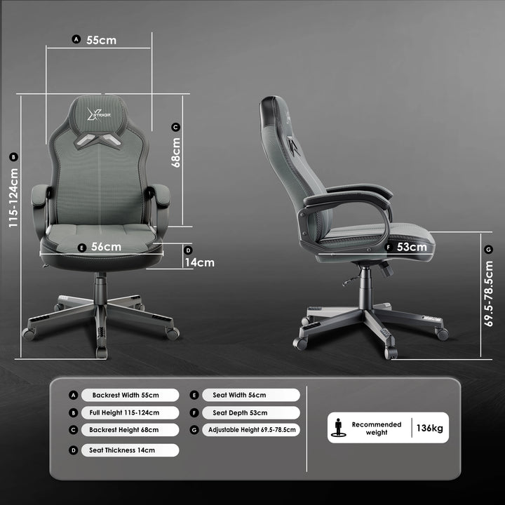 [Black + Grey] Xstriker Kids Gaming Chair in grey fabric with padded arms, adjustable height, and ergonomic backrest. Ideal small desk chair for home office or study.