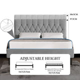 Velvet bed frame double & king size with adjustable headboard in grey, featuring tufted chesterfield design and height range of 97.5–106.5cm.