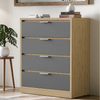 Oak grey finish stylish 4 drawer chest of drawers with four drawers placed in a modern room with decorative items on top
