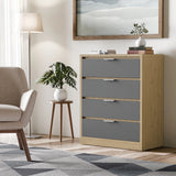 Oak grey finish stylish 4 drawer chest of drawers with four drawers placed in a modern room with decorative items on top
