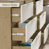 6 drawer chest of drawers in two-tone oak white finish with partially open drawers showing stored items and smooth runner
