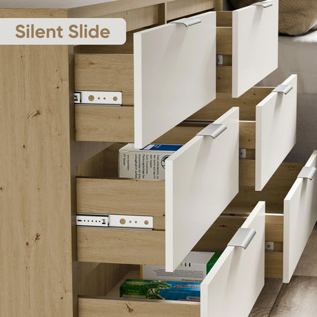 6 drawer chest of drawers in two-tone oak white finish with partially open drawers showing stored items and smooth runner
