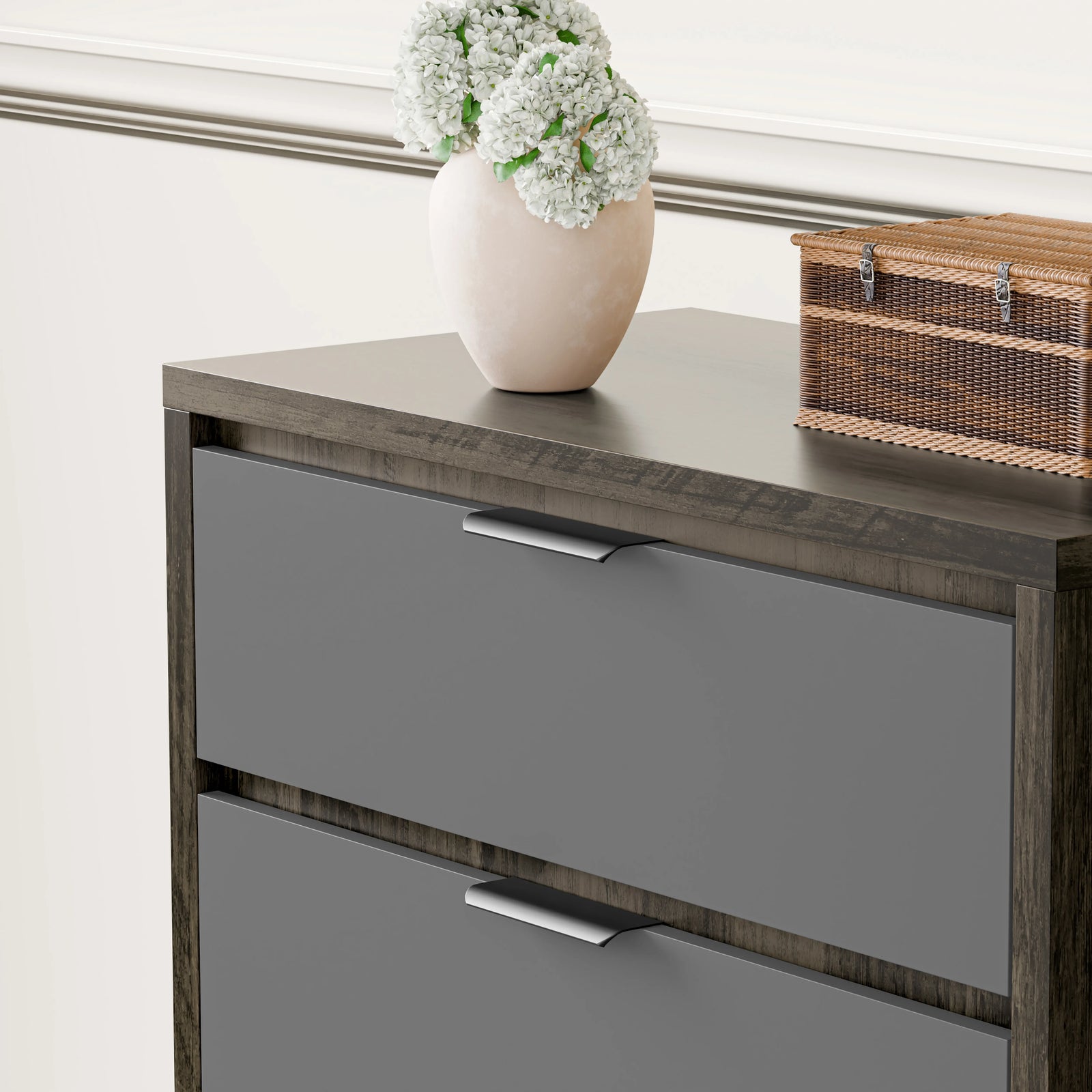 [Wooden Grey+Grey] top-corner view of the oak and grey 4 drawer chest of drawers, two grey fronts and silver pulls