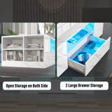 Led Coffee Table with Storage Drawers in high gloss white marble finish featuring open shelves on both sides and two large drawers with LED lighting.