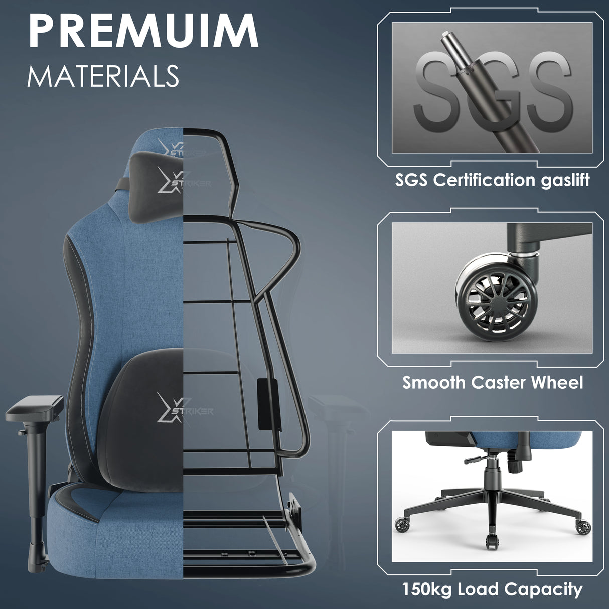 Xstriker Ergonomic Fabric Gaming Chair with 4D armrest, SGS-certified gaslift, smooth caster wheels, and 150kg load capacity for adults.