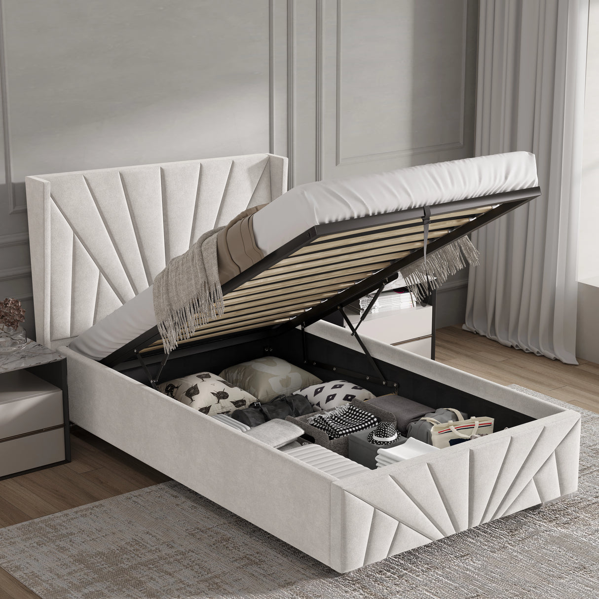 Beige single Sunrise Ottoman Bed Frame with mattress lifted to reveal deep underbed storage for linens and accessories.