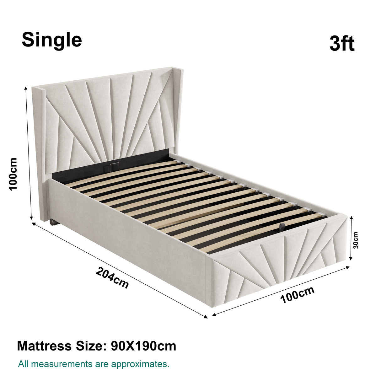 Beige single Velvet Ottoman Bed Frame dimensions: 204cm x 100cm, mattress size 90x190cm, with 30cm storage depth.