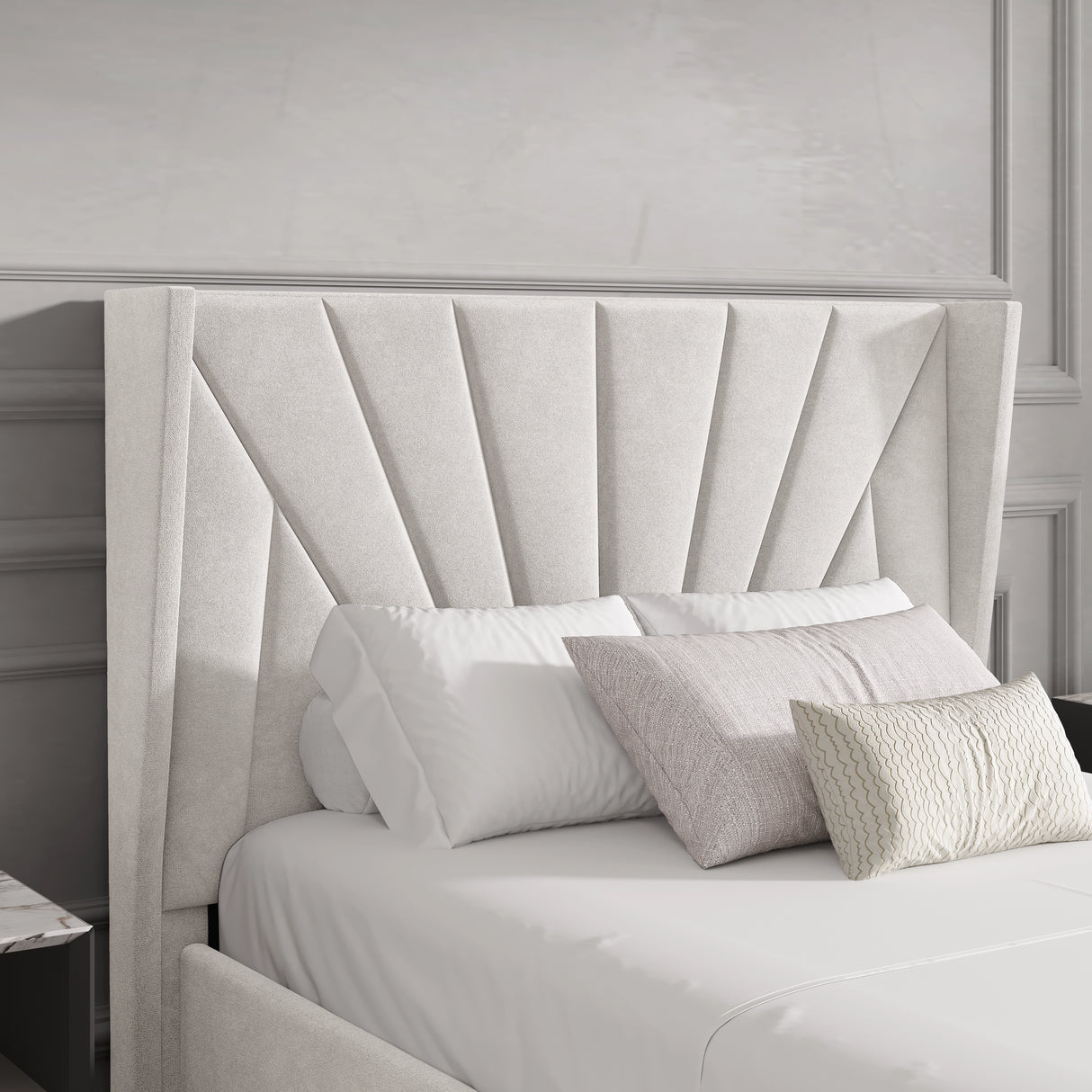 Close-up of beige Sunrise-style headboard on single Velvet Ottoman Bed, showcasing luxurious texture and vertical paneling.