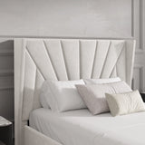 Close-up of beige Sunrise-style headboard on single Velvet Ottoman Bed, showcasing luxurious texture and vertical paneling.