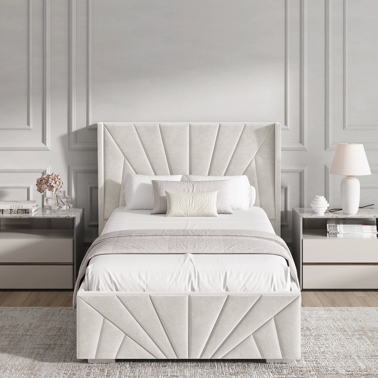 Front view of beige single Sunrise Ottoman Bed Frame with velvet upholstery, ideal for elegant and functional bedroom decor.