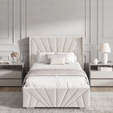 Front view of beige single Sunrise Ottoman Bed Frame with velvet upholstery, ideal for elegant and functional bedroom decor.