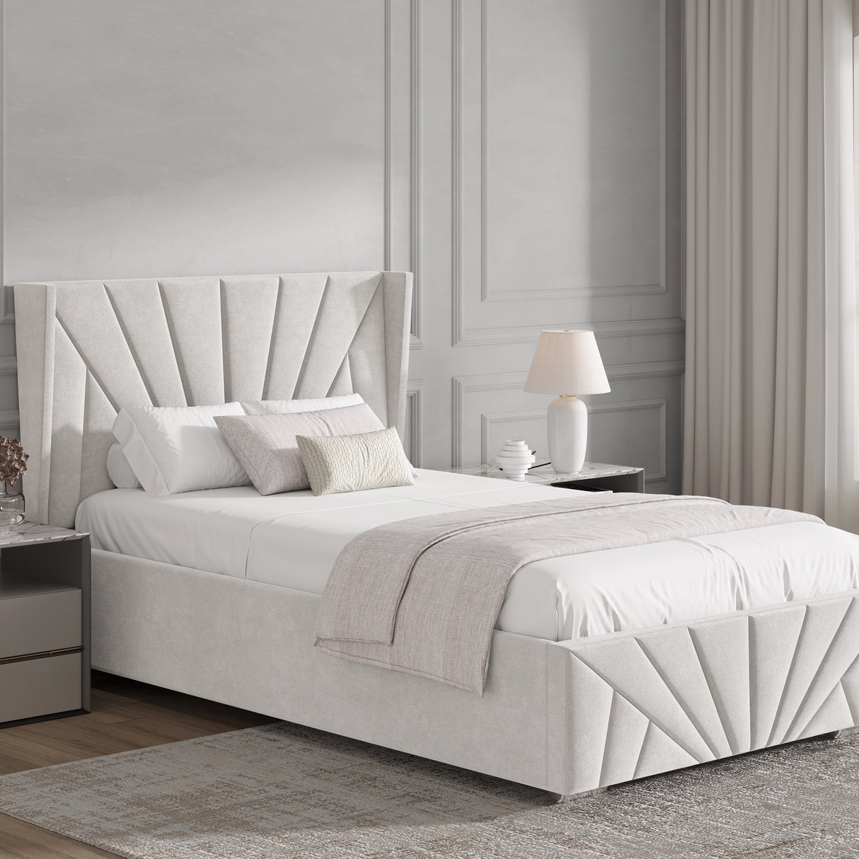 Beige Velvet Ottoman Storage Bed in single size with Sunrise headboard, styled in a soft-toned bedroom for a cozy aesthetic.