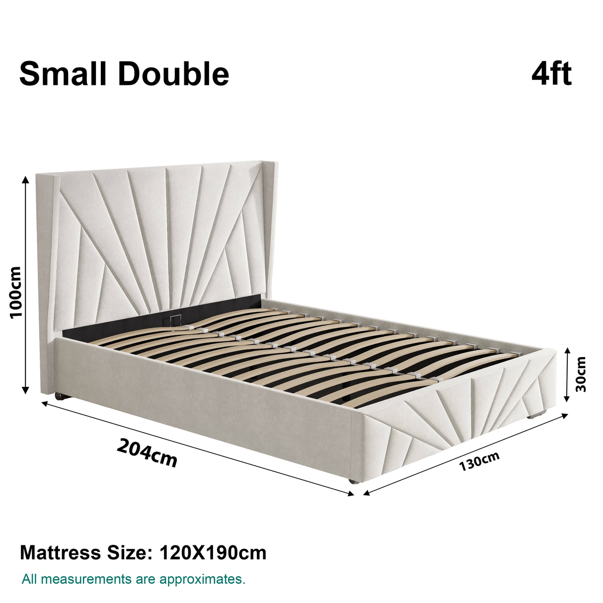 Beige small double Velvet Ottoman Bed Frame dimensions: 204cm x 130cm, mattress size 120x190cm, with 30cm storage space.