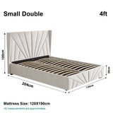 Beige small double Velvet Ottoman Bed Frame dimensions: 204cm x 130cm, mattress size 120x190cm, with 30cm storage space.