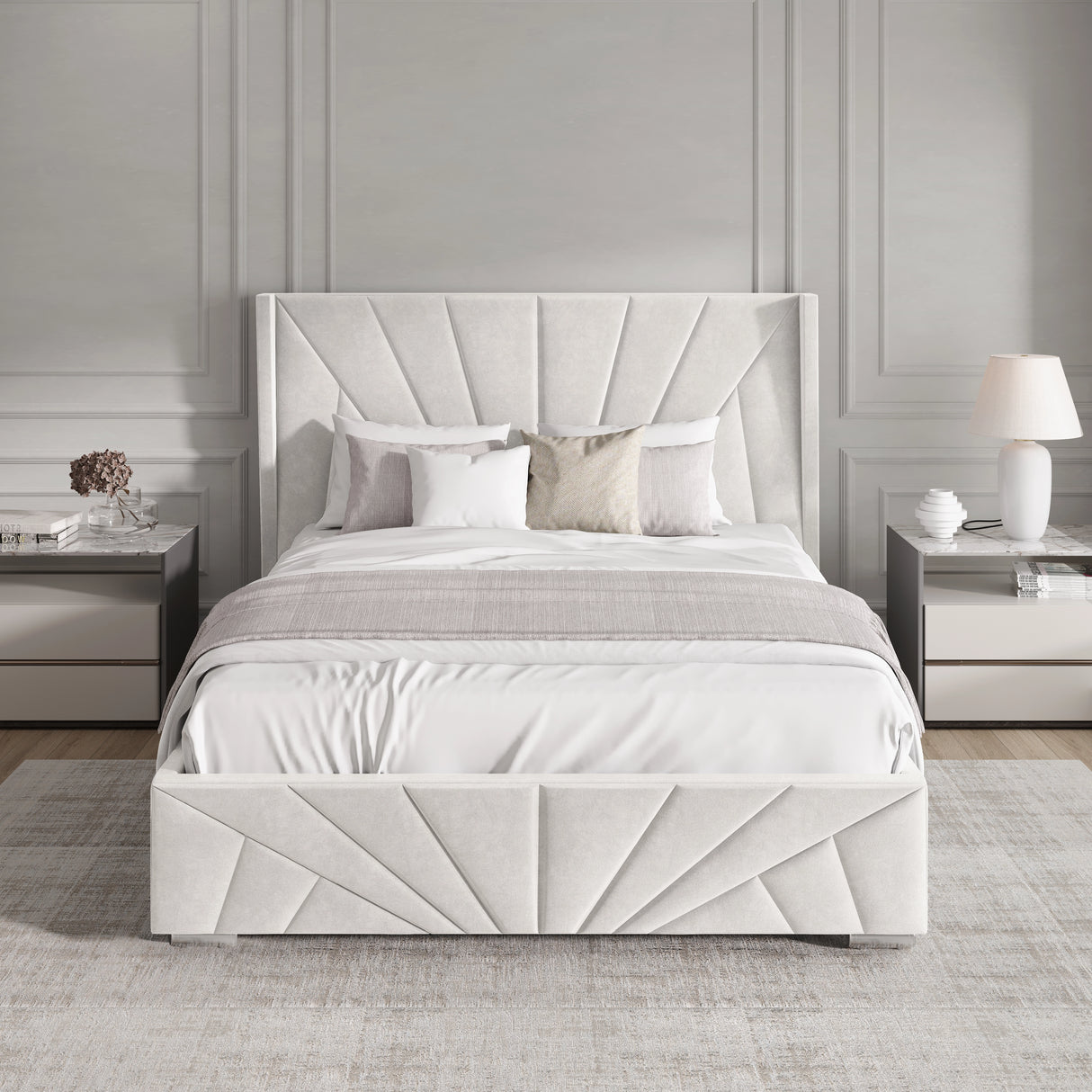 Front view of beige small double Sunrise Ottoman Bed Frame with velvet finish, ideal for stylish and functional bedrooms.