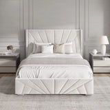 Front view of beige small double Sunrise Ottoman Bed Frame with velvet finish, ideal for stylish and functional bedrooms.