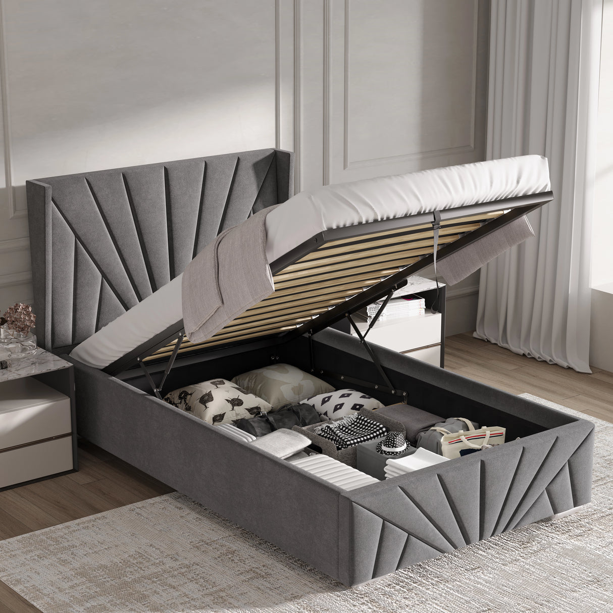 Lifted dark grey single Sunrise Ottoman Bed Frame revealing ample underbed storage space for organized bedroom solutions.