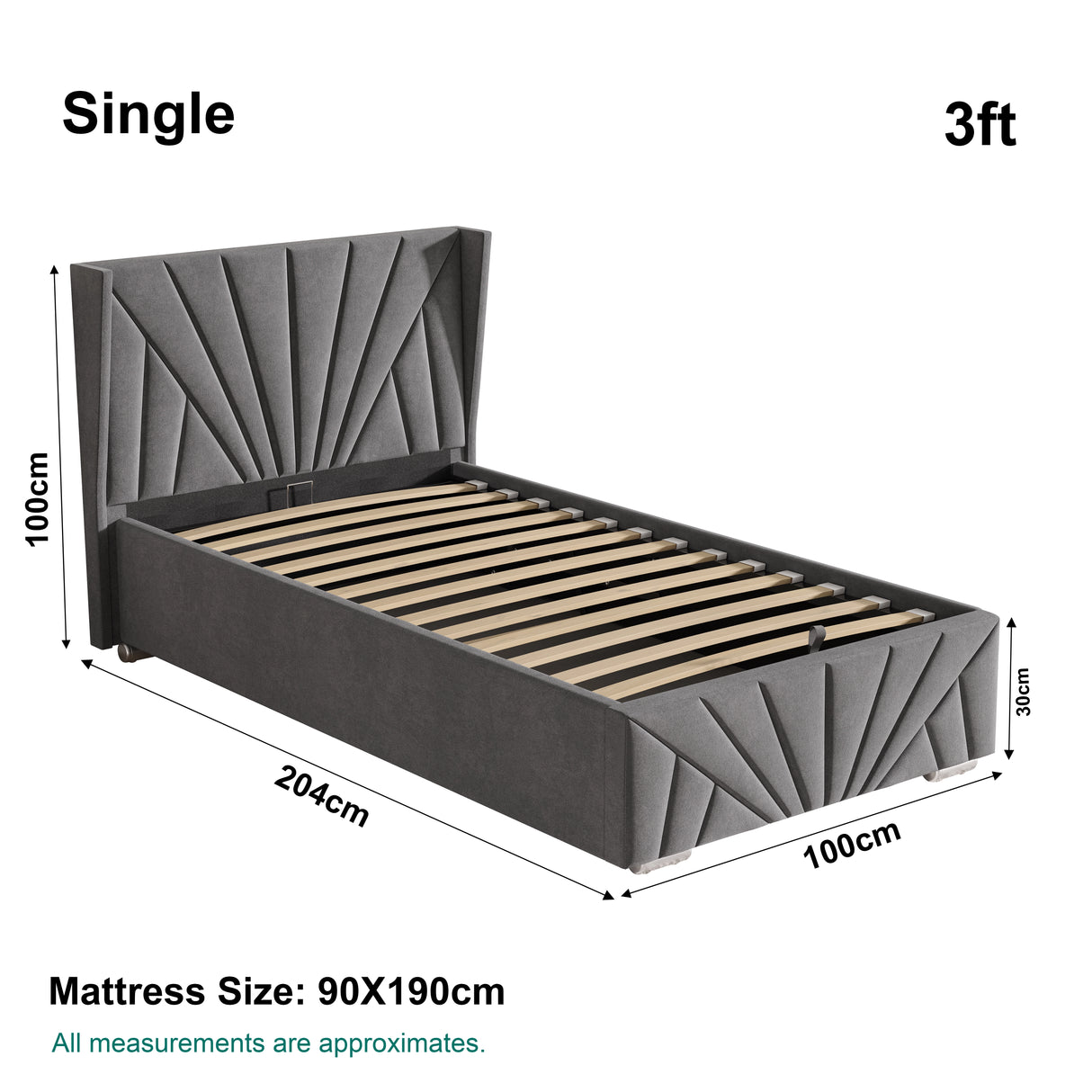 Size guide for dark grey single Velvet Ottoman Storage Bed, 204cm x 100cm with 90x190cm mattress fit and 30cm storage height.