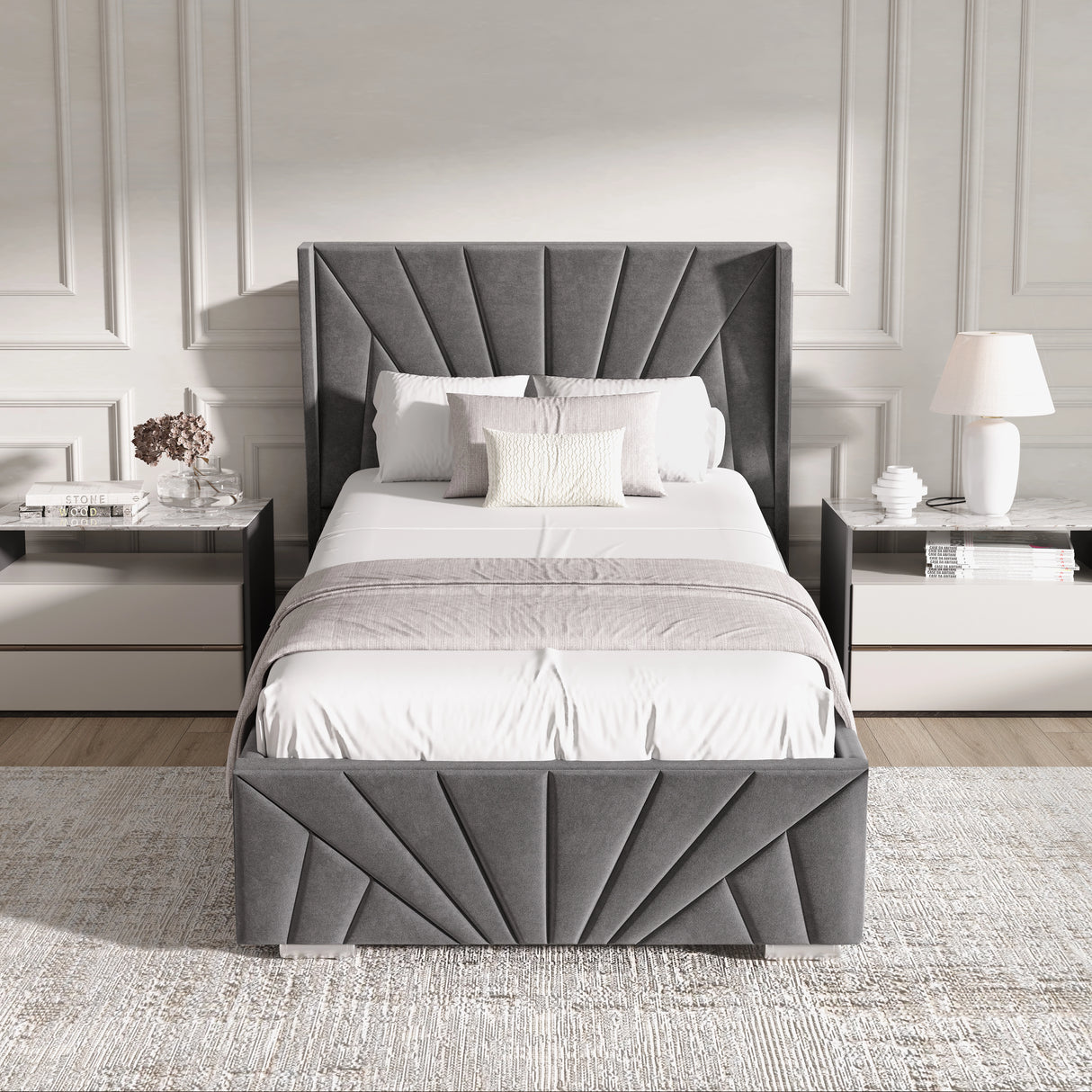 Front-facing view of dark grey single Sunrise Ottoman Bed Frame with plush velvet finish and elegant symmetrical design.