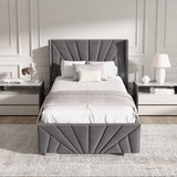 Front-facing view of dark grey single Sunrise Ottoman Bed Frame with plush velvet finish and elegant symmetrical design.