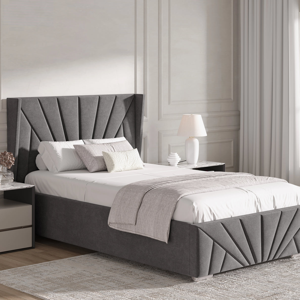 Dark grey Velvet Ottoman Storage Bed in single size with Sunrise headboard, perfect for compact spaces with hidden storage.
