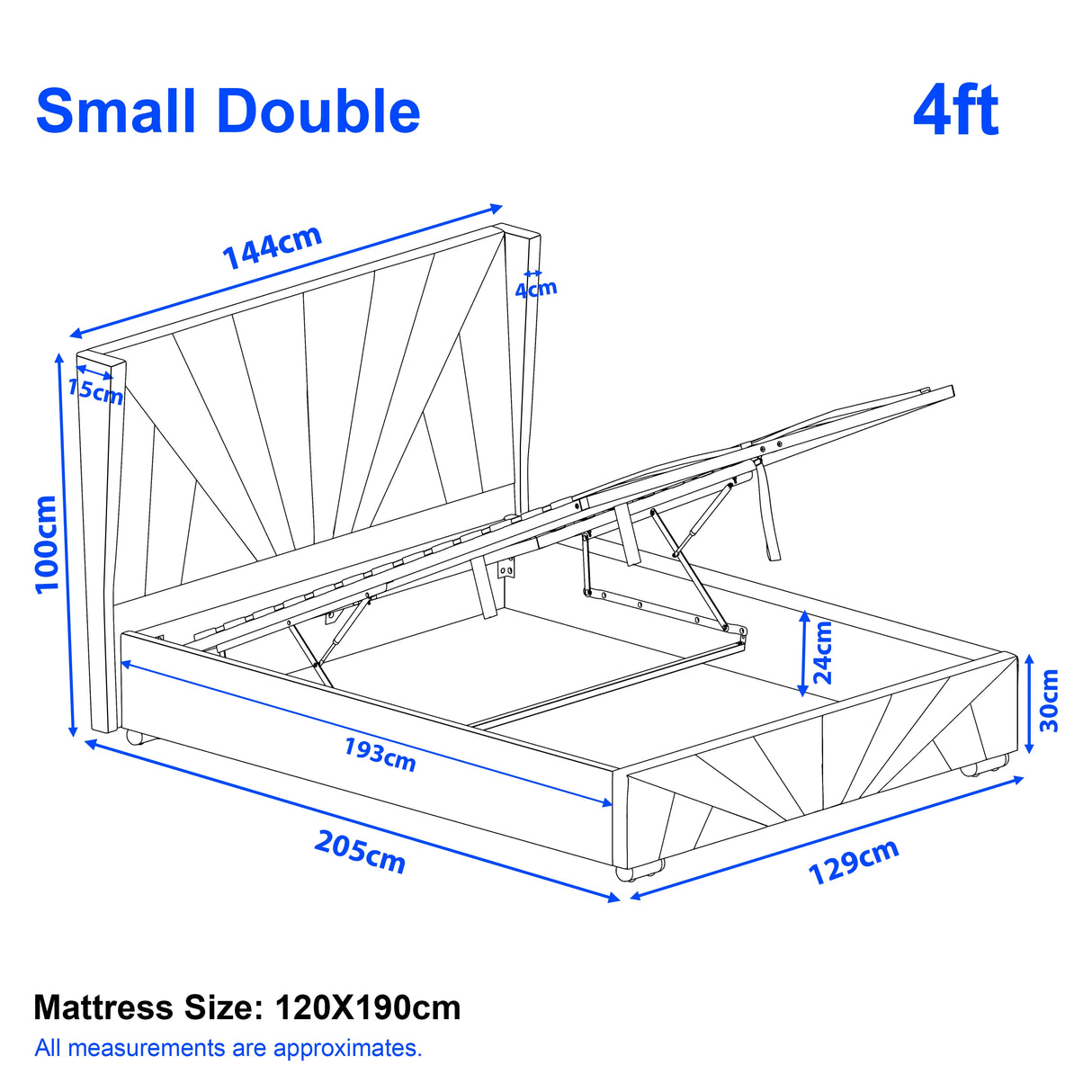 Diagram of a small double bed with dimensions labeled