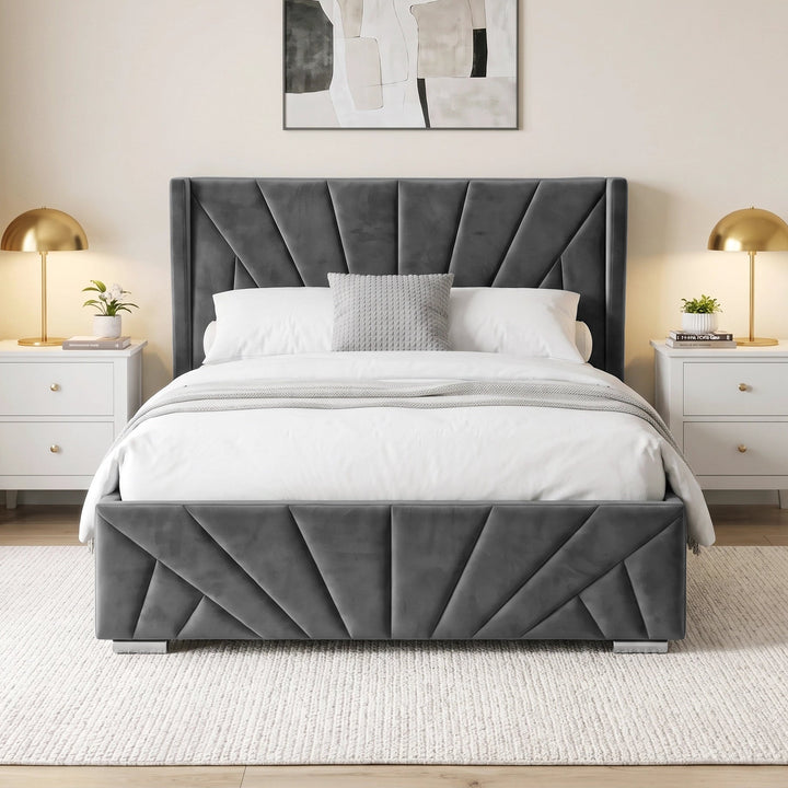 [Double | Dark Grey] upholstered bed frame with a tufted headboard and matching footboard, shown in a styled bedroom setting with white bedding