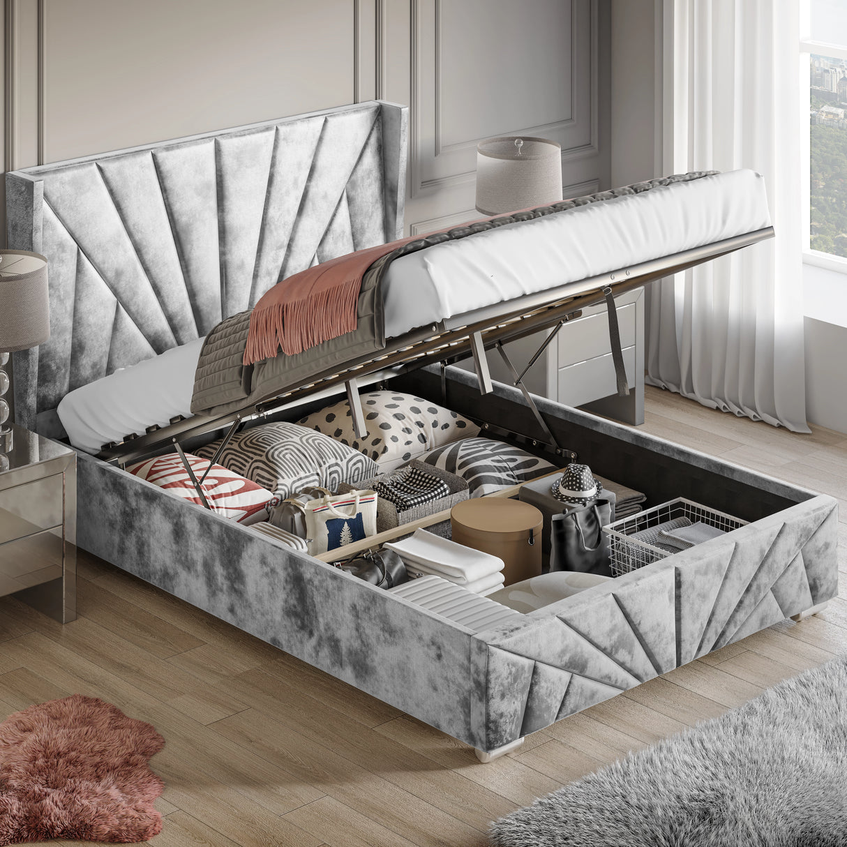 Crushed Velvet Ottoman Storage Bed Silver -Sunrise Bed Frame with end lift-up storage open, showcasing spacious under-bed compartments for organized storage.