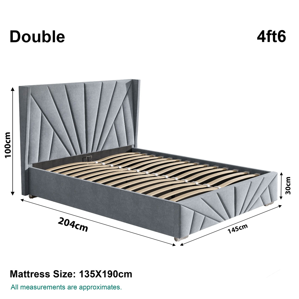 Grey double Velvet Ottoman Bed Frame size chart: 204cm x 145cm, mattress size 135x190cm, with 30cm storage height.