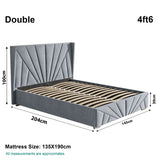 Grey double Velvet Ottoman Bed Frame size chart: 204cm x 145cm, mattress size 135x190cm, with 30cm storage height.