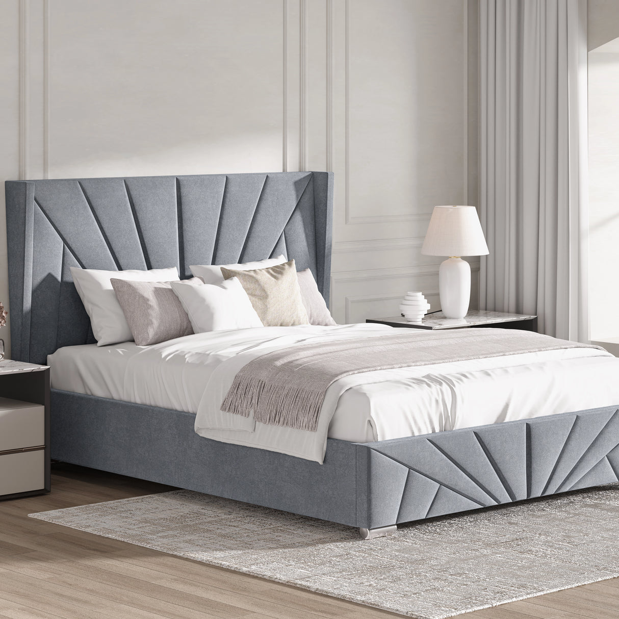 Grey double Velvet Ottoman Storage Bed with Sunrise headboard, offering a blend of luxury and hidden storage functionality.